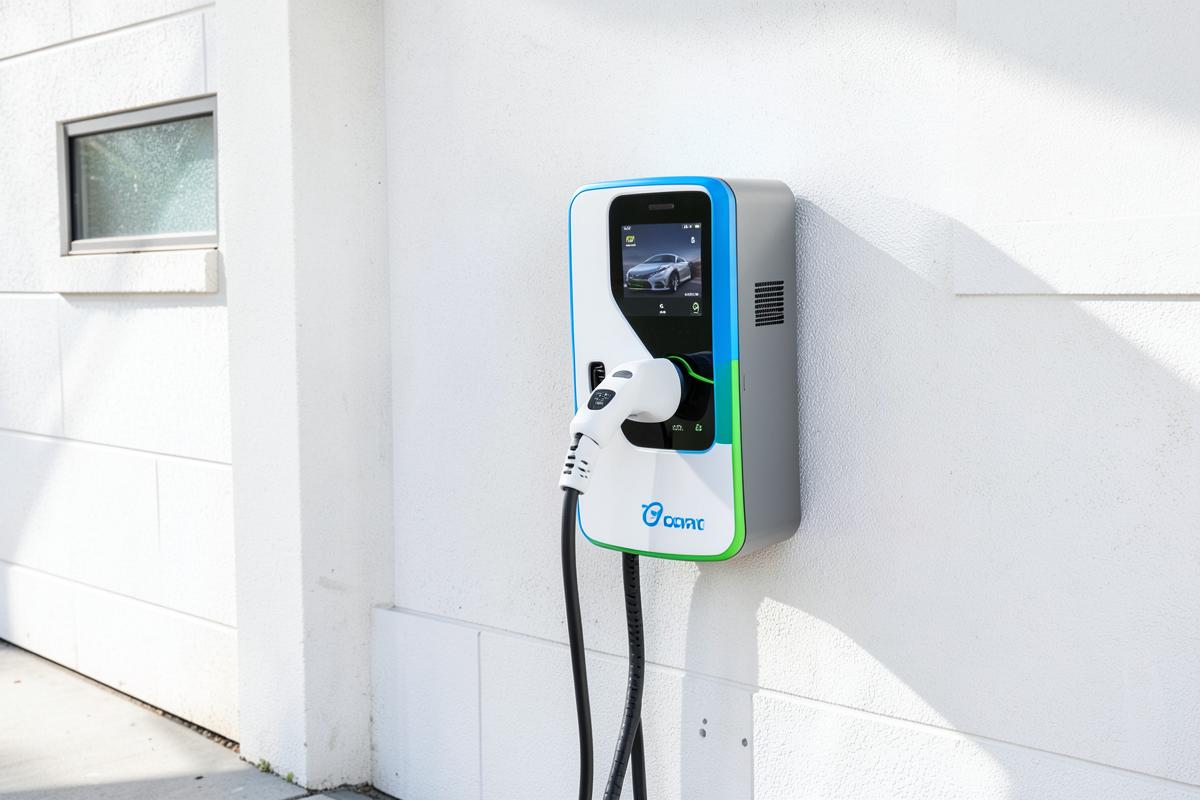 Carregador de veículo elétrico instalado em parede de garagem residencial