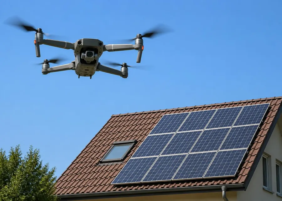 Drone realizando vistoria técnica sobre telhado com painéis solares